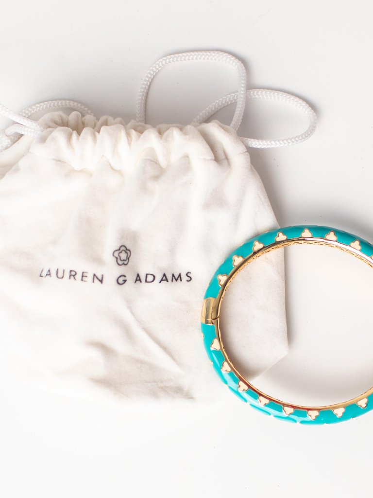 Lauren G Adams Turquoise Enamel Bangle Bracelet Gold Tone Clover Hinged Cuff 50$